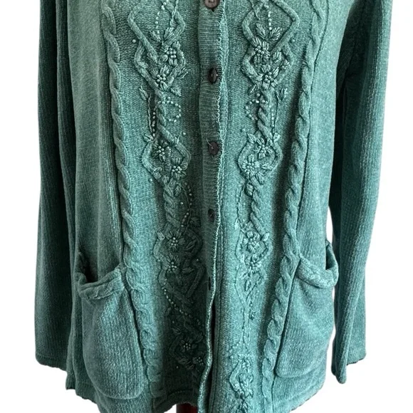 Vintage Jenny Teal Granny Core Button Pockets Beaded Knit Cardigan Size Medium - Picture 3 of 13